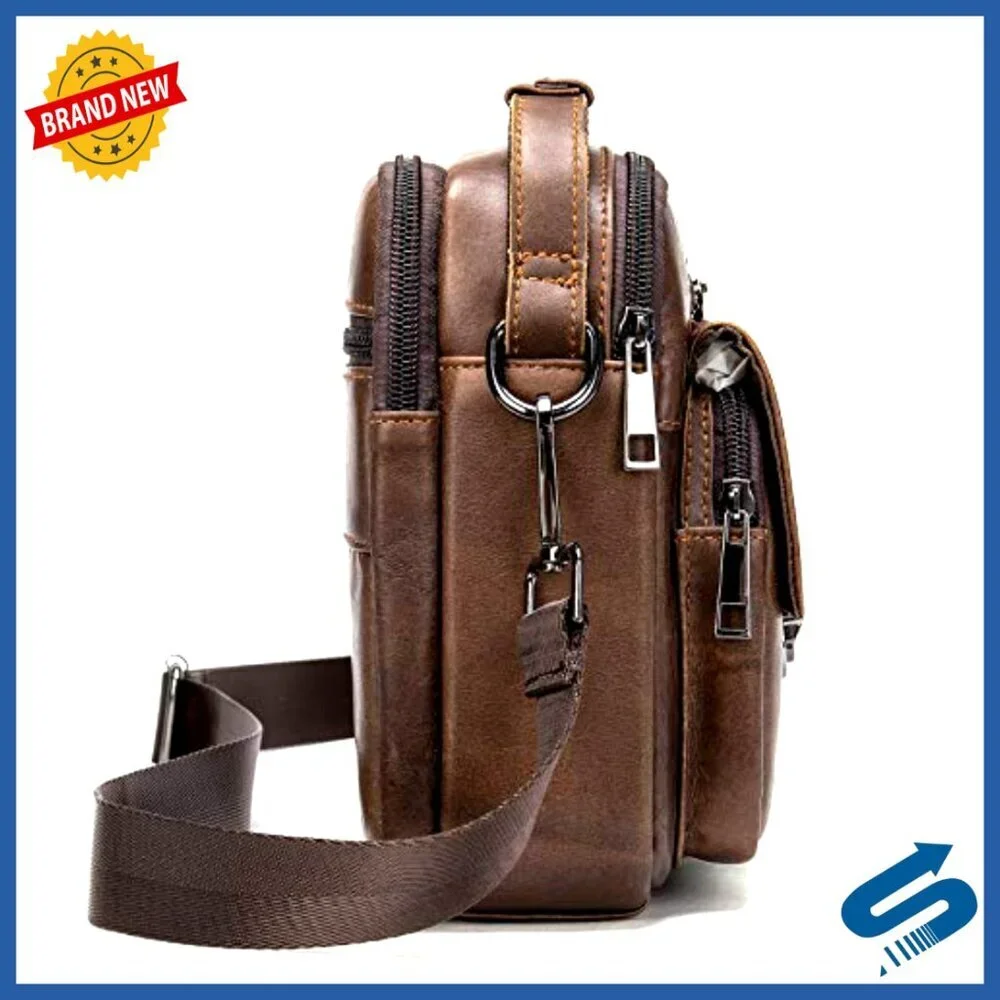 Mini Genuine Leather Messenger Bag with 5 Zipper Pockets for Men